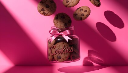 Chocolate chip cookies tumbling into a glass jar with pink ribbon and 'Cookies' text on a vibrant pink background with dramatic light streaks and shadows.