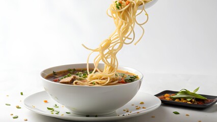 Steaming bowl of ramen noodles lifted with a spoon, garnished with fresh green herbs and meat, served on a white plate with side dish