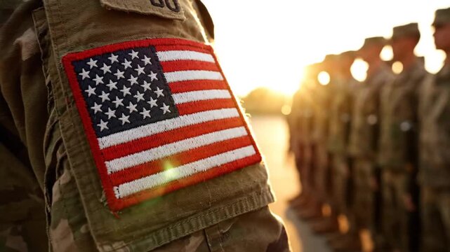 Military Personnel Standing in Line with American Flag Patch During Sunset