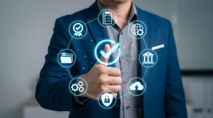 Business Standard Verification with Thumbs Up and Quality Icons