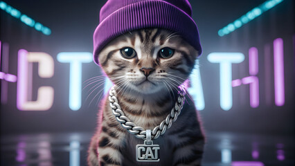 Stylized Orange Kitten with Tattoos, Purple Beanie, and Silver Chain in Spotlight Performance Setting