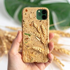 Hand Holding Eco Friendly Phone Case with Wheat Stalks and Green Leaf Background Natural Organic Material Design