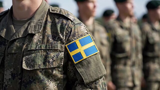 Swedish Military Personnel Formation with Camouflage Uniforms and National