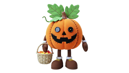 Smiling Pumpkin Character Holding a Basket of Candy Corn