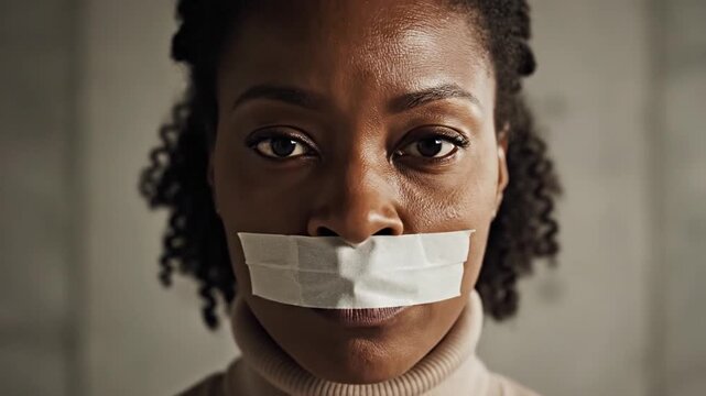 Woman Silenced by Tape Covering Mouth Censorship Concept
