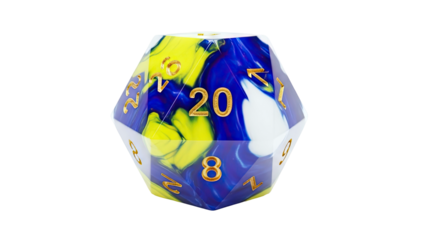 Swirled Blue, Yellow, and White D20 Dice