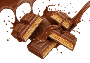Shattered premium milk & dark chocolate bars with caramel, nougat, wafer filling, molten chocolate dripping mid-air against white background, macro, high contrast. Concept for luxurious chocolate