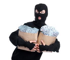 Masked thief with bags full of money on white background