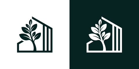 Dual meaning logo combining a house and plant elements, symbolizing greenhouse living, sustainability, eco-friendly homes, and natural growth.