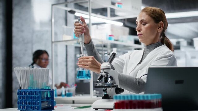 Female researcher in lab pipetting blue liquid into test tube to analyze it. Middle aged woman transferring chemical sample to prepare for immediate spectroscopic analysis, camera B