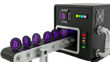 Bitcoin Mining Machine with Cryptocurrency Coins on Conveyor Belt