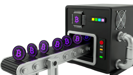 Bitcoin Mining Machine with Cryptocurrency Coins on Conveyor Belt