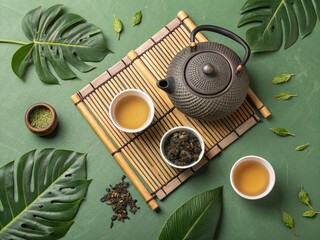 Bamboo mat with teapot, cups, dry pressed tea and tropical leaves on green background top view
