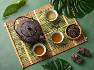 Bamboo mat with teapot, cups, dry pressed tea and tropical leaves on green background top view