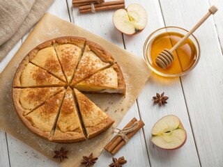sweet apple pie with cinnamon and glass bowl of honey on wooden background top view