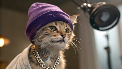 Stylized Orange Kitten with Tattoos, Purple Beanie, and Silver Chain in Spotlight Performance Setting