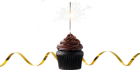 A rich chocolate cupcake with swirling frosting is topped with a lit sparkler and adorned with a golden ribbon dessert celebration party candle sweet treat transparent background