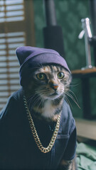 Stylized Orange Kitten with Tattoos, Purple Beanie, and Silver Chain in Spotlight Performance Setting