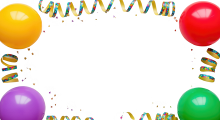 Festive arrangement of colorful balloons and confetti streamers creating a celebratory border for joyous occasions celebration party decoration birthday transparent background