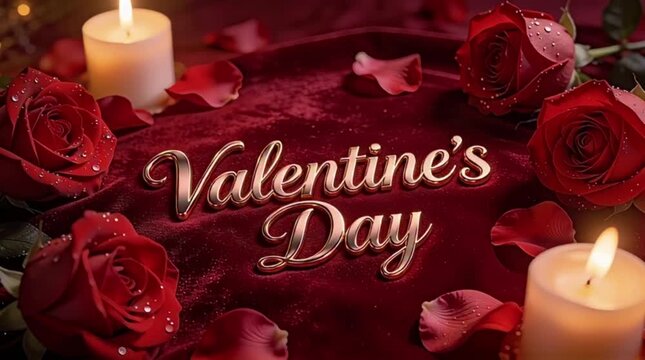 A Valentine's Day background, featuring the text Valentine's Day elegantly written in luxurious, 3D rose-gold cursive typography placed centrally on a surface of deep red velvet.