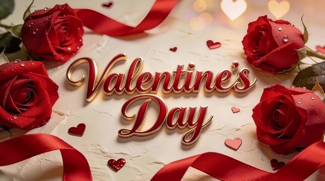 The text Valentine's Day written in elegant, 3D gold and crimson script typography in the center.