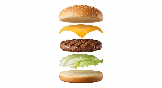 Exploded view of a classic deconstructed cheeseburger on white background, showing separated layers of sesame bun, cheddar cheese, grilled beef patty, lettuce and bottom bun floating in air.
