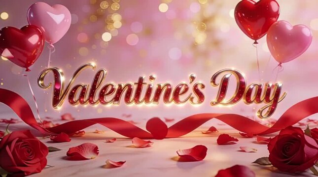 The text Valentine's Day written in stylish, glowing 3D cursive gold and ruby typography in the center.