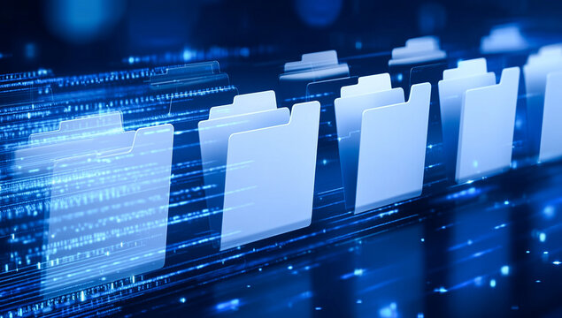 Row of glowing blue digital file folders on a dark background with binary code and light trails. Concept for big data management, cloud storage, and database organization.