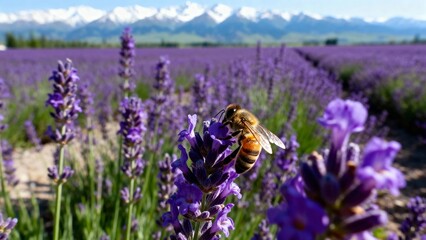 Honeybee pollinating lavender flowers in a field with mountain backdrop