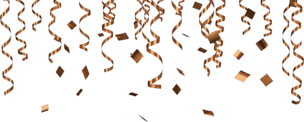 Gleaming bronze ribbons and square confetti cascade downwards creating a festive and celebratory visual celebration party metallic streamers falling decorative transparent background