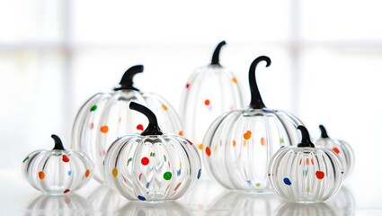 Set of four sparkling clear glass pumpkin shaped Halloween decorations with colorful polka dot patterns and curly stems isolated on transparent background