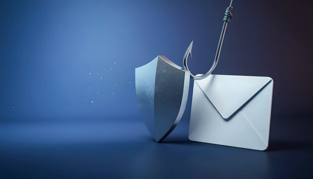 3D Anti-Phishing Email Security Concept with Shield and Fishing Hook on Blue Background