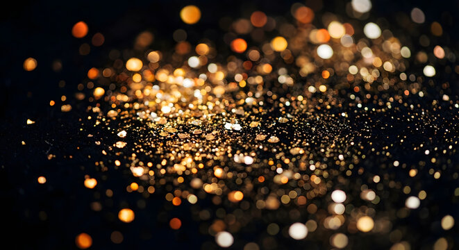 Abstract Macro of Sparkling Golden Glitter and Shimmering Crystals on Dark Black Background, Festive Bokeh Lights with Rich Shiny Texture, Perfect for Glamour, Luxury, and Celebration Designs.