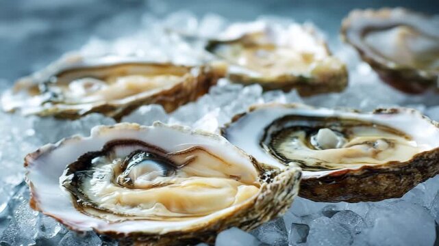 Fresh oysters displayed on crushed ice, showcasing their glistening shells and succulent interiors, highlighting the natural beauty and freshness of seafood delicacies in a culinary setting
