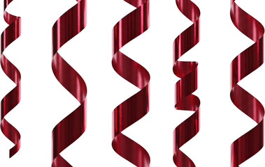 Several shiny metallic red streamers spiral downwards with bright highlights creating a festive and celebratory feel ribbon confetti party celebration transparent background