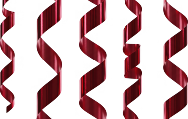 Several shiny metallic red streamers spiral downwards with bright highlights creating a festive and celebratory feel ribbon confetti party celebration transparent background