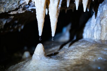 Stalactites and stalagmites in a cave with water droplets falling
