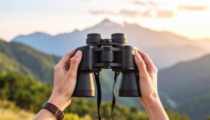 Hands Holding Black Binoculars Observing Distant Mountain Range Under Golden Hour Sunlight