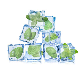 Fresh mint leaves in ice cubes isolated on white © New Africa