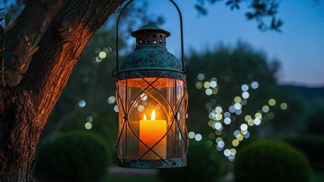 Rustic Hanging Lantern with Candle in Olive Tree at Dusk for Outdoor Decor and Ambiance