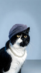 Stylized Orange Kitten with Tattoos, Purple Beanie, and Silver Chain in Spotlight Performance Setting