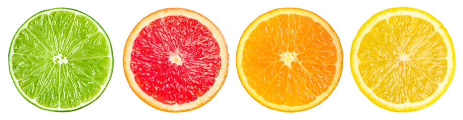 Citrus fruits isolated on white. Set of orange, grapefruit, lemon and lime slices