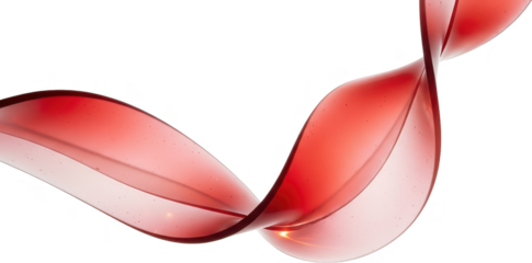Translucent red liquid flowing in a twisted ribbon shape with subtle shimmering particles creating an abstract fluid design element swirl liquid motion transparent background