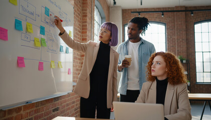 Diverse multiethnic team of young creative professionals collaborating on a project in a modern loft office, using a whiteboard with sticky notes for brainstorming and strategic planning.