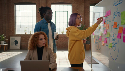 Diverse team collaborating in a bright loft office, brainstorming ideas on a whiteboard with sticky notes and diagrams.