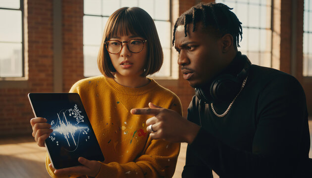 Young diverse creative team collaborating on music production, analyzing digital sound wave visualization on a tablet screen in a sunny modern loft studio - Powered by Adobe