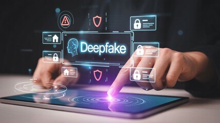 Person interacting with Deepfake warning on digital tablet in futuristic cyber security interface with neon blue glow and warning signs for online safety and identity theft protection
