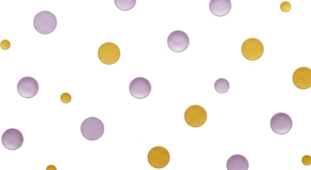 A playful pattern of scattered golden and lavender textured circles with subtle gradient shading suggesting a festive or decorative element confetti celebration transparent background
