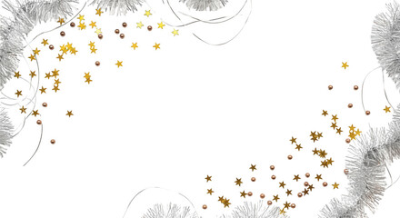 Festive silver tinsel and golden star confetti scattered with small copper beads and thin white strings stars celebration holiday Christmas new year party transparent background