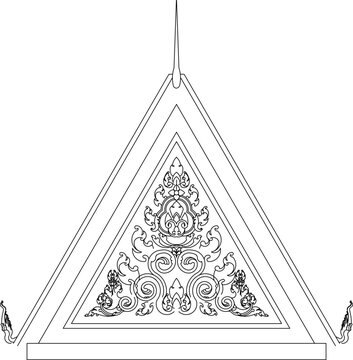 A sophisticated technical vector illustration of a traditional triangular roof pediment (gable end), featuring intricate cultural carvings with swirling vine motifs and a sharp needle-point finial at 